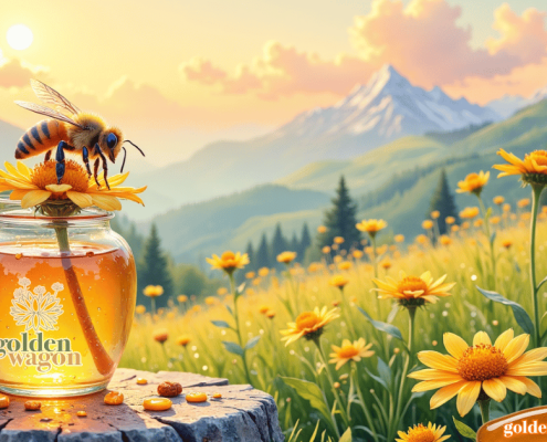 Abeja sobre flor amarilla con frasco de miel Golden Wagon