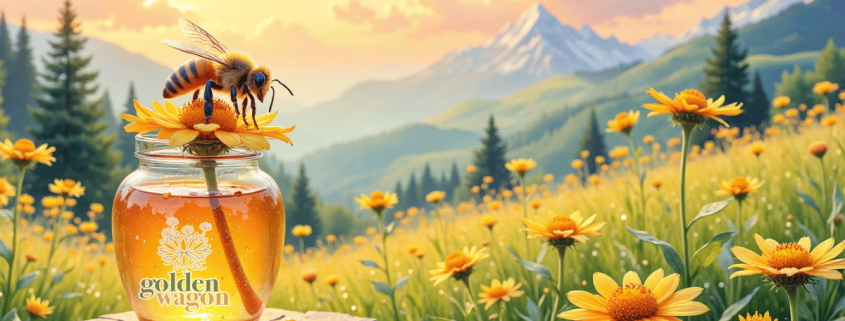 Abeja sobre flor amarilla con frasco de miel Golden Wagon