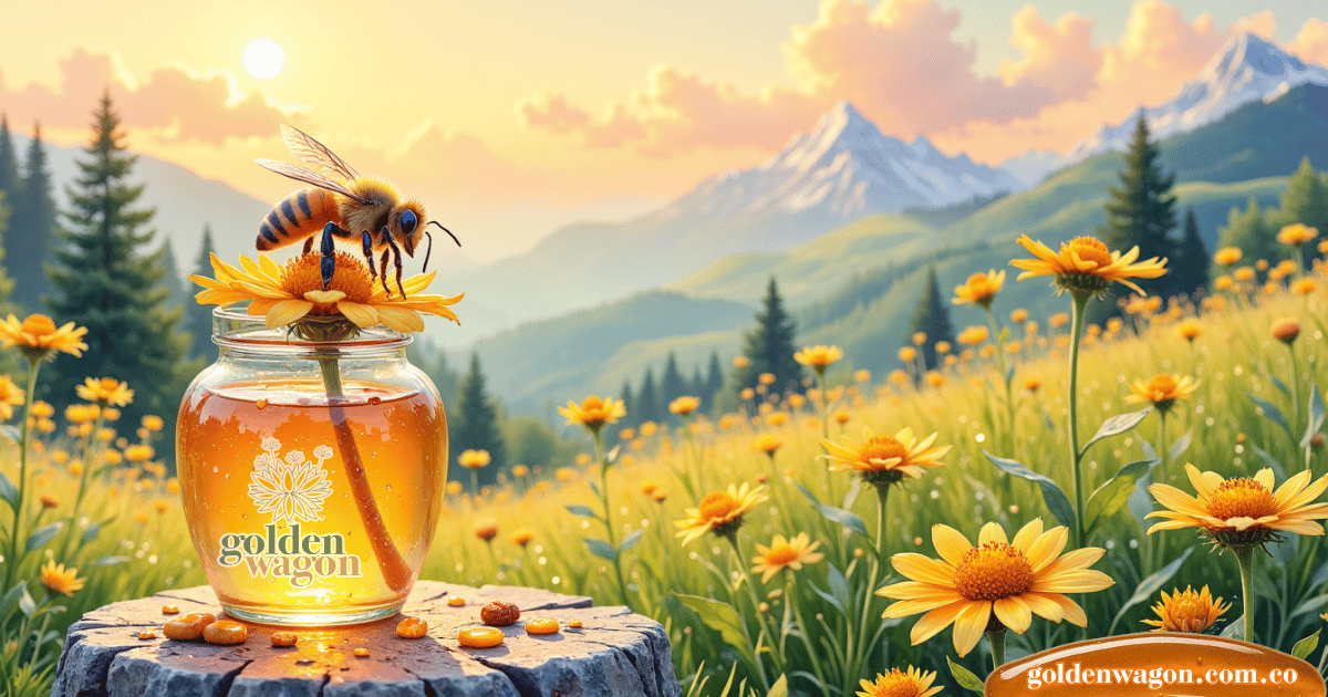 abeja-flor-miel-goldenwagon Abeja sobre flor amarilla con frasco de miel Golden Wagon