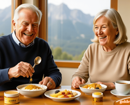 Pareja de adultos mayores disfrutando desayuno con miel y polen de montaña Golden Wagon