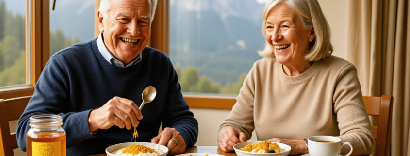 Pareja de adultos mayores disfrutando desayuno con miel y polen de montaña Golden Wagon