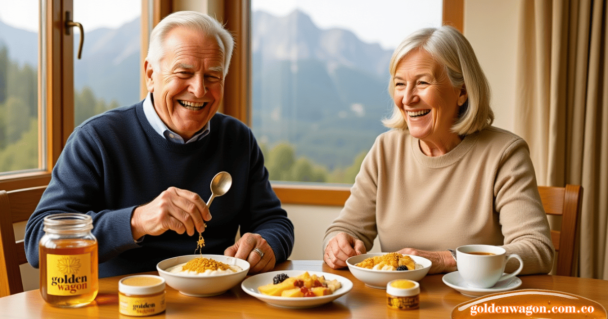 miel-polen-montana-adultos-mayores-goldenwagon Pareja de adultos mayores disfrutando desayuno con miel y polen de montaña Golden Wagon