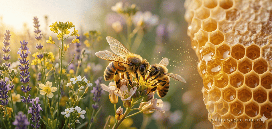 Abejas produciendo miel rica en antioxidantes a partir del néctar de flores