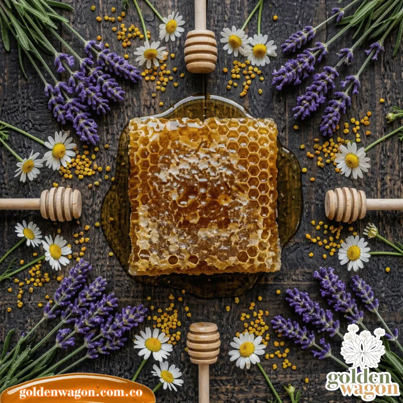 Panal natural de abejas con miel cruda y flores de lavanda frescas